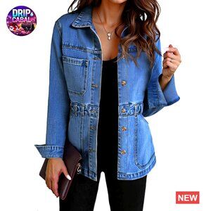 Distressed Denim Jacket Oversized Shacket Button Down with Pockets Y2K Chic